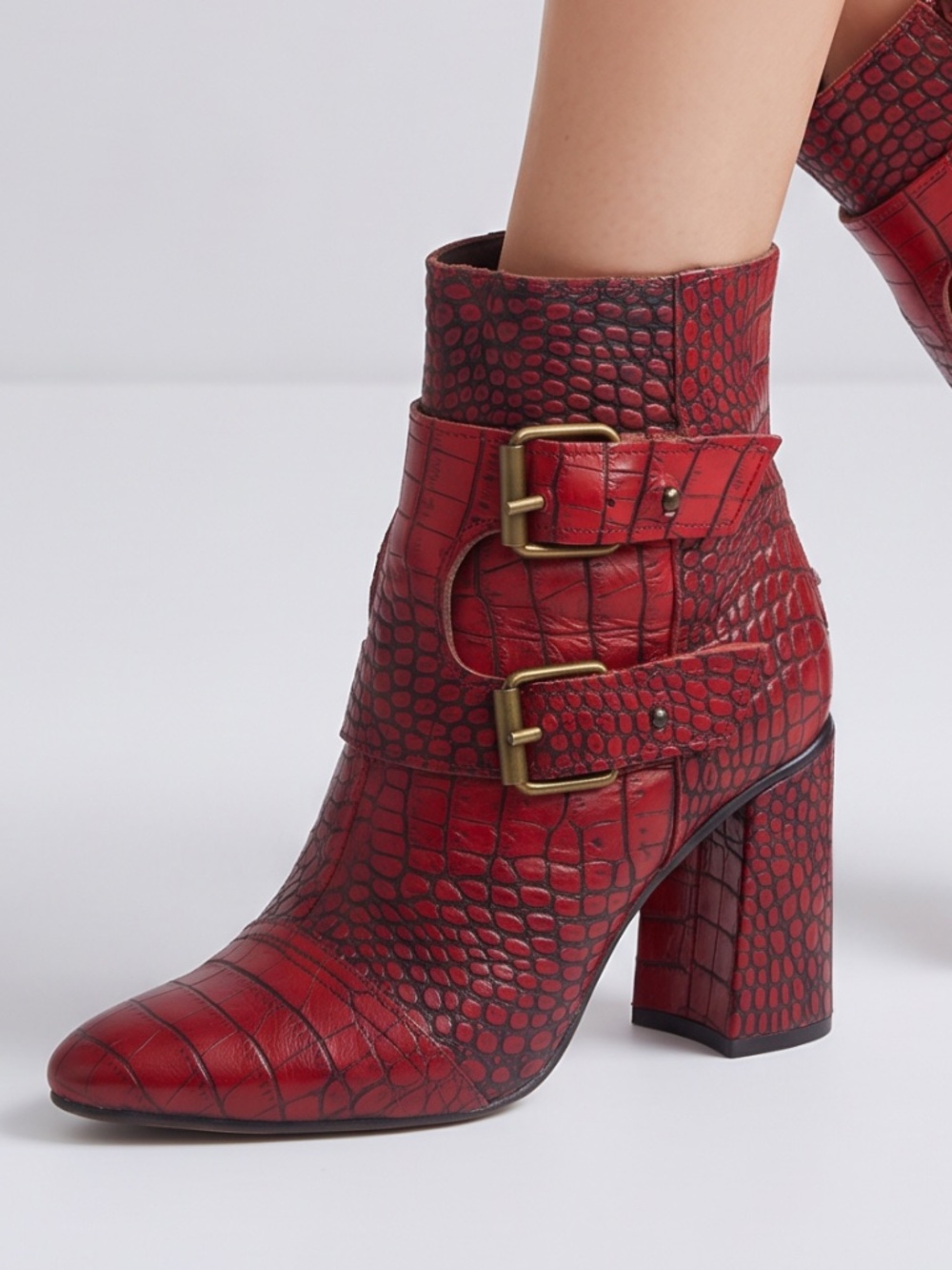🔥🦅FREEBIRD BY STEVEN • Red Croc Embossed Leather Double Buckle Ankle Boots 8